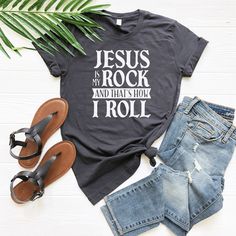 Christian T-Shirt Unisex, Rock And Roll T Shirt Women Men, Faith Cross, Religious Tshirt, Jesus Tee, Jesus Is My Rock And That's How I Roll Shirt ❀DETAIL❀ For printing, we use Bella Canvas and Gildan SoftStyle brand shirts, which are the best in the industry. *Bella Canvas -unisex size -4.2 oz. -Solid colors are 100% Combed Cotton and Ring-Spun Cotton. -Athletic Heather 90% Combed and Ring-Spun Cotton, 10% Polyester -All Heather CVC Colors 52% Combed and Ring-Spun, 48% Polyester *Gildan SoftStyl Jesus Is My Rock, Christian Shirts Designs, Church Shirt, My Rock, Cute Shirt Designs, Jesus Tshirts, Vinyl Shirts, Christian Tees, Rock Shirts