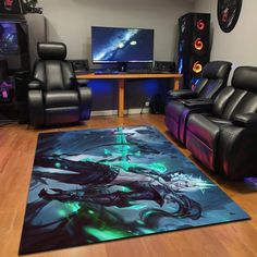 a living room filled with black leather chairs and a large rug covered in anime artwork