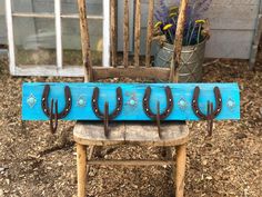 an old wooden chair with four horseshoes on it and some flowers in the background