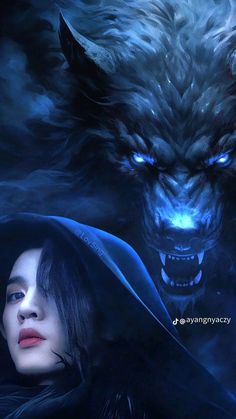 a woman and a wolf are in the dark with blue light coming from their eyes