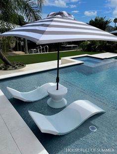 an umbrella sitting on top of a swimming pool