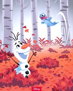 the frozen queen and her friends are playing in the woods with leaves on the ground