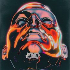 an abstract painting of a man's face with orange and blue light coming from his mouth