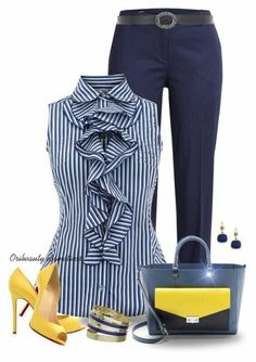 Navy And White Outfits For Women, Capris Outfits, Tall Heels, What Shoes To Wear, Outfit Yellow, Yellow Heels, Navy Outfit, Navy Blouse, Yellow Accents