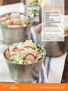 an advertisement for a salad with radishes and onions in metal bowls on a table