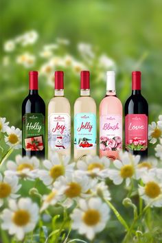 four bottles of wine sitting next to each other in front of white and yellow flowers