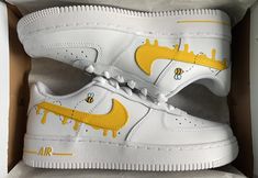 These custom hand painted Nike Air Force 1 sneakers feature a Bee color theme that helps you feel special!  ★ Painted with acrylic leather paint and topped with a finished to ensure quality, durability, and long wear (waterproof, scratch proof, and dull-proof). ★ Sizes are in US. ★ These shoes are hand painted. ★ In the case that these shoes need to be washed, wetting a cloth and hand washing them is recommended, however they can be put in the wash set on delicate. Feel free to contact us for any questions you may have :) Check out our other products: https://www.etsy.com/shop/slatscustomsco Bee Shoes, Custom Nike Air Force, Painted Nikes, Nike Air Force 1s, Shoe Designs, Nike Airforce 1, Air Force 1 Custom