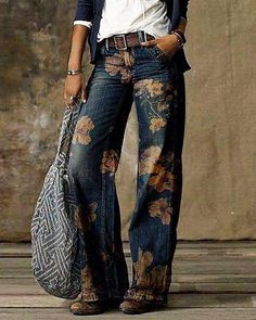 Blue Floral Casual Print Pants, 01 / US10 Retro Pants, Mode Boho, Printed Wide Leg Pants, Long Jeans, Styl Boho, Jeans Casual, Loose Jeans, Blonde Pixie, Baggy Pants