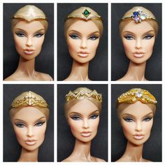 six pictures of different styles of headbands on a mannequin's head