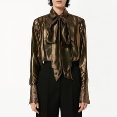 Add A Touch Of Elegance To Your Wardrobe With This Stunning Victoria Beckham Top. The Blouse Features A Beautiful Metallic Gold And Black Color Combination That Is Sure To Turn Heads. The Long Sleeves And Bow Accent Add A Classic Touch To The Blouse, Making It Perfect For Any Occasion. Crafted From High-Quality Materials, This Blouse Is Designed To Last. The Top Is A Regular Fit And Is Available In Size Us 4 Uk 8. The Blouse Is Perfect For Any Fashion-Conscious Woman Who Wants To Add A Touch Of Black Color Combination, Bow Tie Blouse, Blouse Nordstrom, Bow Blouse, Tie Blouse, Black Bow, Custom Dresses, Striped Blouse, Blouse Styles