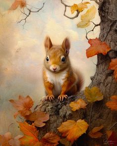 a painting of a squirrel sitting on top of a tree