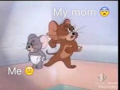 two cartoon mouses are dancing together in front of an emoticive text that reads, my mom me