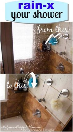 two pictures showing how to clean the shower with rain coming down from above and below