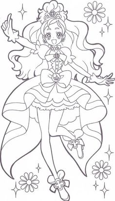 a coloring page with a girl in a dress and flowers on her head, she is holding