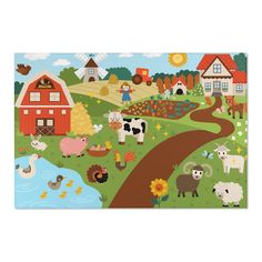 a farm scene with animals and houses