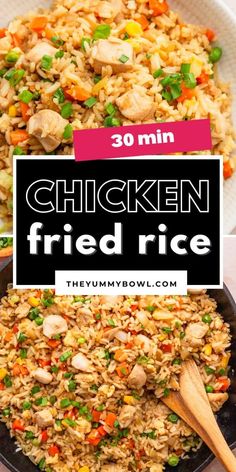 chicken fried rice in a skillet with text overlay