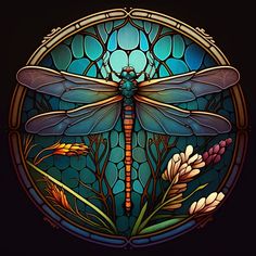 a stained glass window with a dragonfly on it