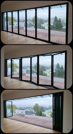 four different views of the inside and outside of a building with large open windows on each side