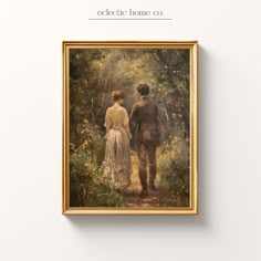 a painting of a man and woman walking in the woods with text that reads eclectic home co