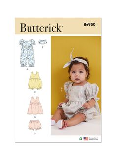 Butterick B6950 (PDF) | Babies' Rompers, Dress, Bloomers and Headband | Front of Envelope Sewing Pattern Shop, Baby Overalls, Baby Top, Baby Sewing Patterns, Butterick Pattern, Butterick Sewing Pattern, Simplicity Sewing, Headband Pattern, Simplicity Sewing Patterns