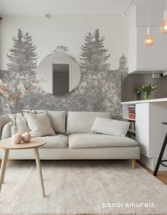 a living room filled with furniture and a large mirror on the wall above it's headboard