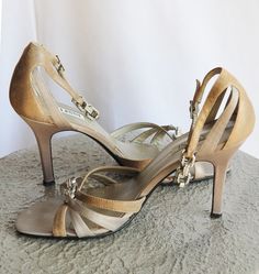 Alfani Champagne Peep toe Shoe  US Size 8M Women's Satin High Heel Peep Toe With Rhinestone Buckle shoes Classy and elegent  Alfani  high heel, peep toe,  ankle strap shoes..  *Alfani *Color: Champagne *Size:8M *Style: Pump *Heel: Approx. 3.5" *Material: Leather *Condition: Excellent Champagne Wedding Shoes, Ankle Strap Shoes, Peep Toe Shoes, Buckle Shoes, Womens Wedding Shoes, Pumps Heels, Wedding Shoes, Shoes Women Heels, Ankle Strap