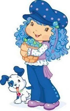 a girl with blue hair holding a basket next to a white dog and wearing a blue hat