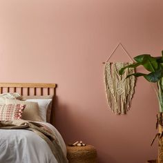 a bedroom with pink walls and white bedding has a large plant in the corner