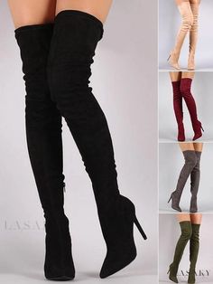 Lasaky - Elegant Black Thigh-High Suede Boots with Pointed Toe and Elastic Fit Boots And Dresses, Women In Boots, Thigh High Heel Boots, Short Sleeve Bridesmaid Dress, Elastic Boots, Womens Suede Boots, Black Thigh High Boots, Thigh High Suede Boots, Black Thigh High