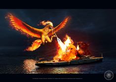 a bird flying over a boat on fire with it's wings spread wide open