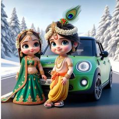 two dolls are standing next to a car