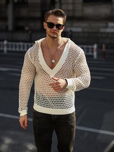 Beige Street Collar Long Sleeve Fabric Plain  Embellished Slight Stretch  Men Clothing Mode Queer, Shirts With Holes, Mens Shirt Pattern, Men Knitwear, Mens Workout Pants, Mens Casual Outfits Summer