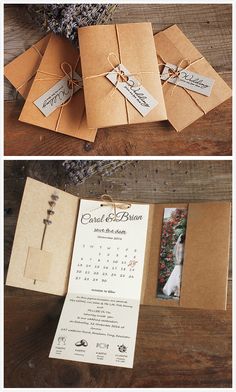 an open pocketfold wedding card with a calendar on the front and back, tied in twine