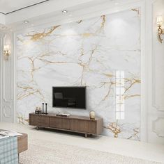 an elegant living room with marble walls and white carpeted flooring, along with a large tv on the wall