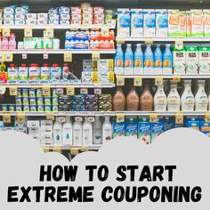 a grocery store shelf with milk, yogurt and other products on it's shelves