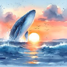 a painting of a whale jumping out of the water at sunset with birds flying around