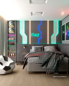 a bedroom with a soccer ball on the floor and a neon sign above the bed