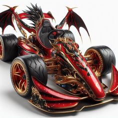 a red and black toy car with dragon wings on it's wheels, in front of a white background