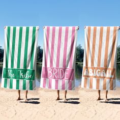 three beach towels that say the bride and groom