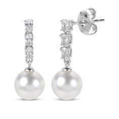 Capture her attention with the shimmering look of these cultured pearl drop earrings. Crafted in sterling silver Each earring features a trio of pear-shaped white lab-created sapphires A lustrous 6mm x 6.5mm freshwater cultured pearl dangle completes the design Earrings secure with friction backs Pearl Drop Diamond Earrings, White Lab, Cute Lazy Day Outfits, Design Earrings, Accessories Jewelry Earrings, Earrings Sterling Silver, Pearl Drop Earrings, Pearl Drop, Wedding Attire