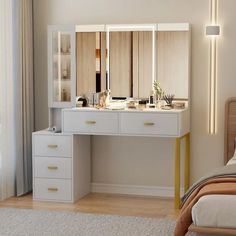 a bedroom with a bed, dresser and mirror on it's sides in front of a window