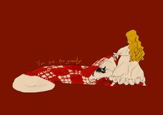 a drawing of a woman laying on the ground next to a cow that is wearing a red and white dress