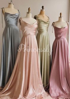 Light Color Dress, Pastel Formal Dresses Long, Sliky Long Dresses, Soft Autumn Prom Dress, Simple Prom Dress Aesthetic, Prom Dresses Loose Fitting, Same Dress Different Color Bridesmaids, Pastel Color Prom Dresses, Ethereal Bridesmaid Dress