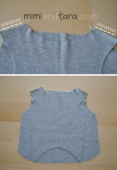 the front and back views of a top made from an old sweater, with one shoulder cut