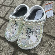 Luxury Custom Crocs For The Bride They Are Custom-Made Just For You On Your Special Day Bride Crocs, Croc Designs, Wedding Crocs, Bedazzled Crocs, Bedazzled Shoes Diy, Bling Crocs, Bedazzled Shoes, Custom Crocs, Bling Converse