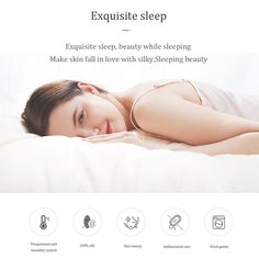 a woman laying on top of a bed next to a white wall with the words exquisite sleep