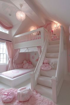 a bedroom with pink carpet and white bunk beds