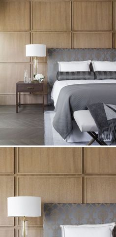 two pictures of a bedroom with wood paneling and white bedding, one in grey and the other in beige