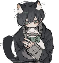 an anime character holding a cat with green eyes and a bow on its neck,