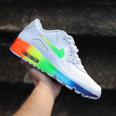 Nike Air Max 90 Rainbow Pride Custom Nwt. These Shoes Are Made To Order. Please Allow At Least 7 Days For Shipping. Message Me With Any Questions. You Can Also Check These Shoes Out On Www.Sneakervinyl.Com 90 Women, Neon Nike, Nike Shoes Women Fashion, Black Nike Air Max, Pretty Sneakers, Air Shoes, Shoe Designs, Nike Fashion Shoes, Nike Shoe